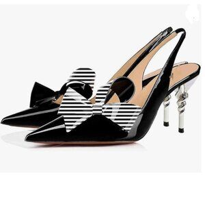FOWT Black Pointed Toe Bow Slingback Slip on Dress Pumps Stiletto Heel Shoe
